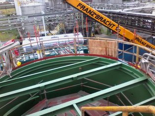 View from the top inside the Process Tank for Polyethylene (PE) after being re-lined with HR 60 Extra G, green just before putting the roof segments and the stirrer back in place