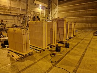 Various Box Coolers after grit blasting to ISO 8501-1:2007 Sa3 and dusted off, reading for coating application
